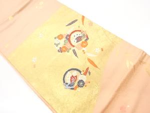 引箔蝶に花輪・草葉模様織出し名古屋帯